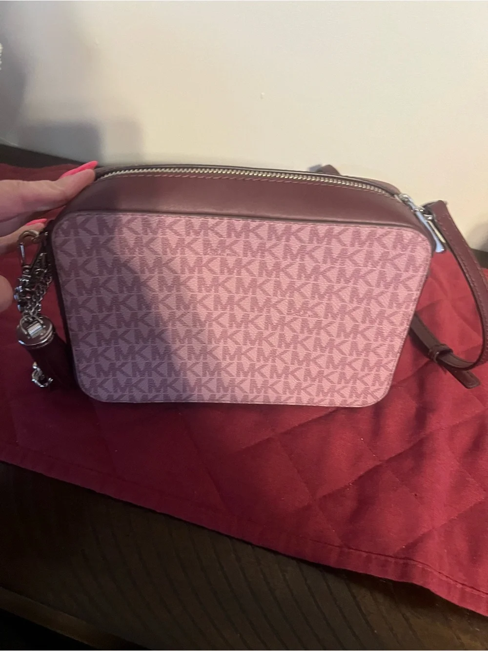 Michael Kors Pink and White Signature Stripe Crossbody Bag